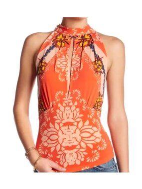 Free People Women's Sz Medium Sleeveless Floral Print Halter Blouse